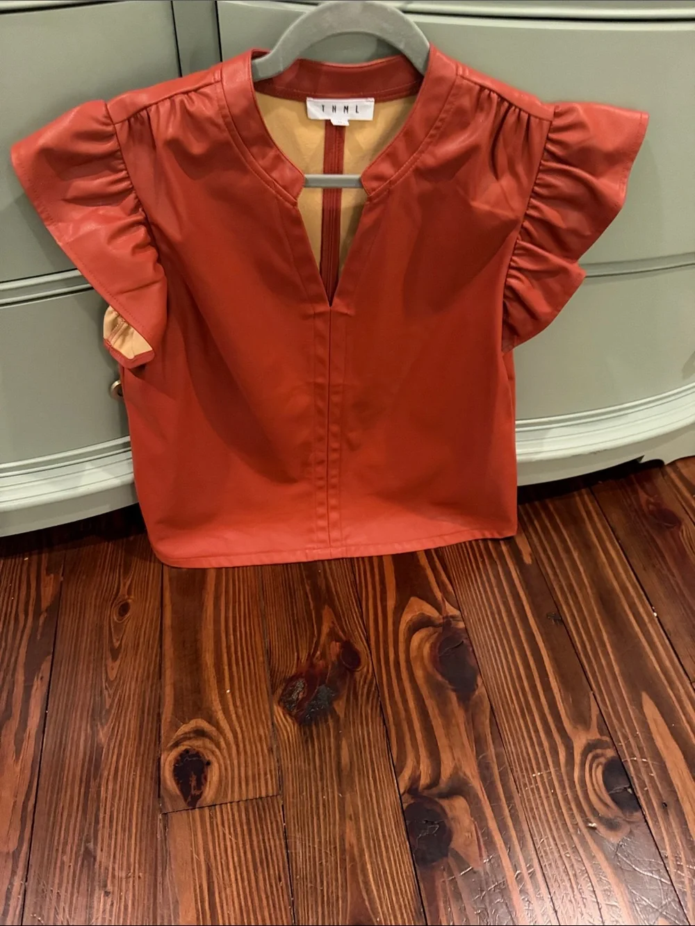 THML Rust Brown Faux Leather Ruffle Sleeve Blouse - Picture 4 of 5